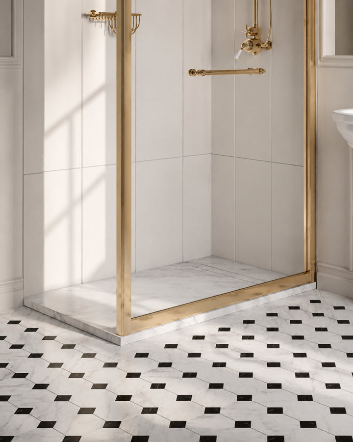 Elegance rektangulær brusebund i Bianco Carrara-marmor