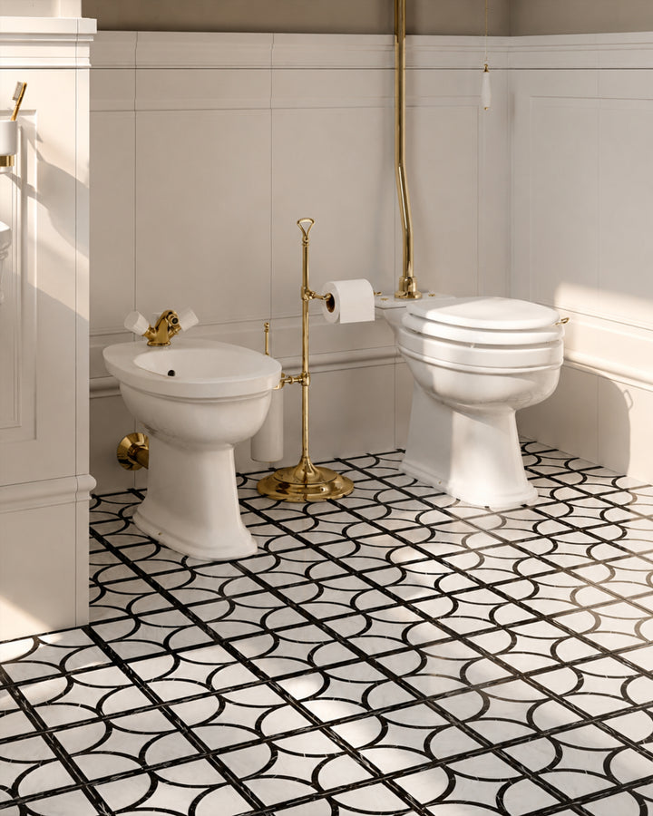Prestige 3 marmorgulv i Bianco Carrara og Nero Marquinha – interiør – Devon&Devon