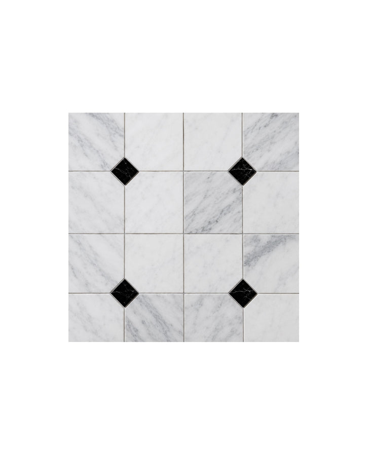 Elite 3 marmormosaik i Bianco Carrara og Nero Marquinha – marmorgulv fra Devon&Devon