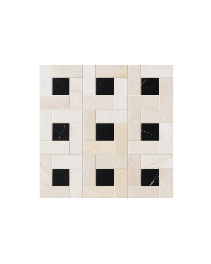 Elite 4 marmormosaik i Crema Marfil og Nero Marquinha – marmorgulv fra Devon&Devon