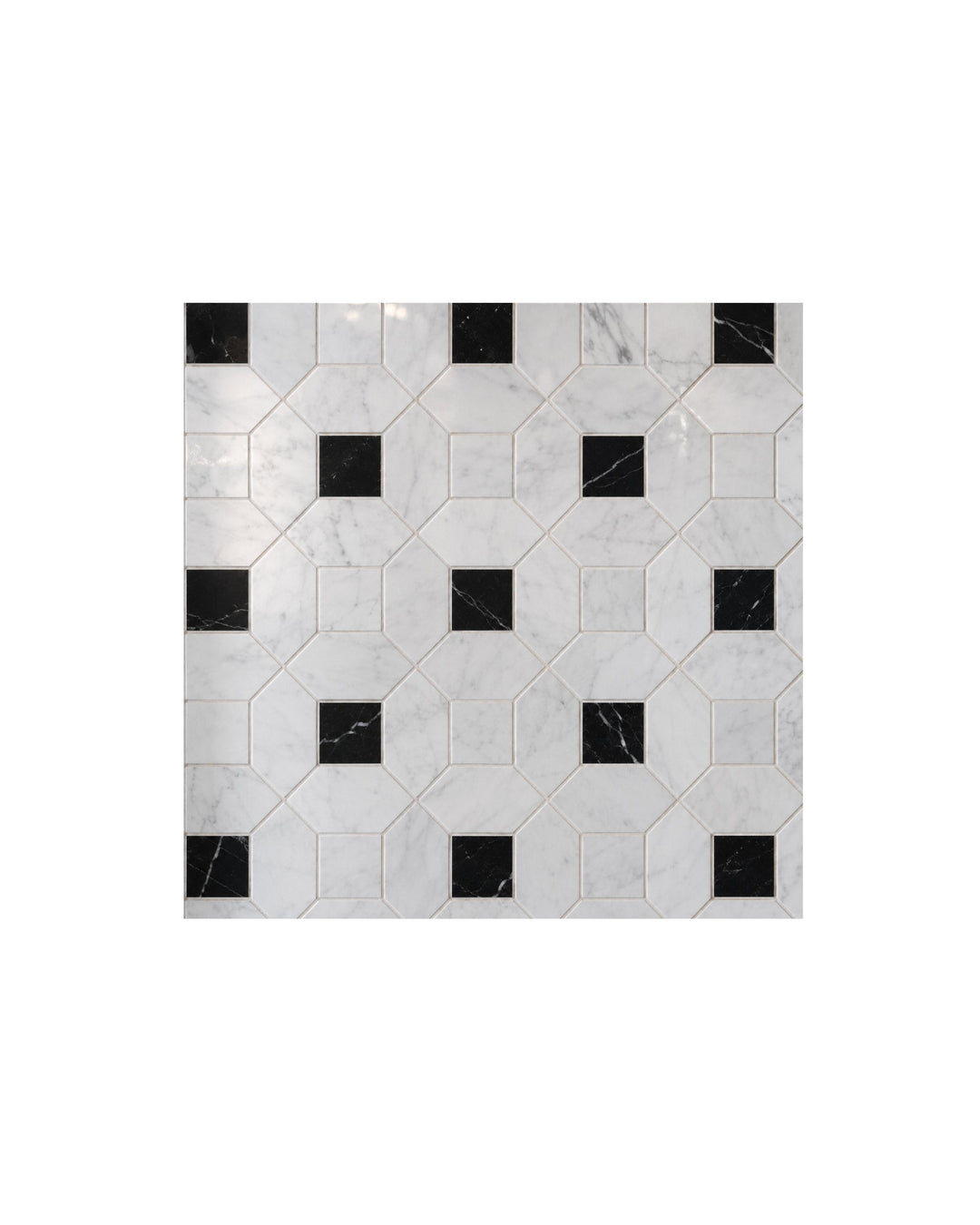 Elite 5 marmormosaik i Bianco Carrara og Nero Marquinha – marmorgulv fra Devon&Devon