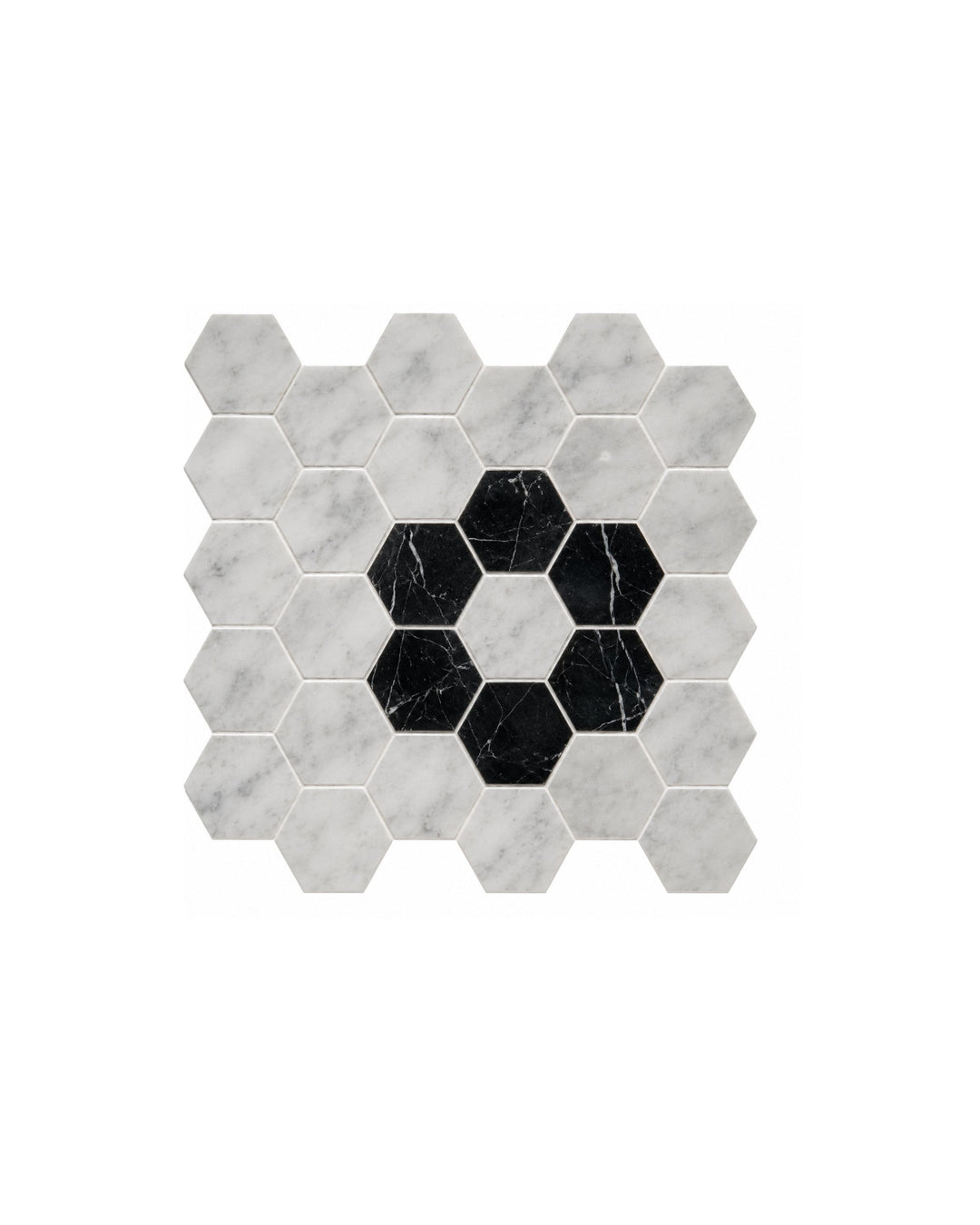 Elite 8 marmormosaik i Bianco Carrara og Nero Marquinha – marmorgulv fra Devon&Devon