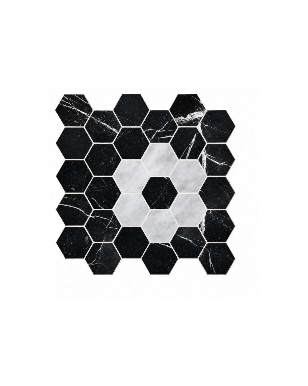 Elite 8 marmormosaik i Nero Marquinha og Bianco Carrara – marmorgulv fra Devon&Devon