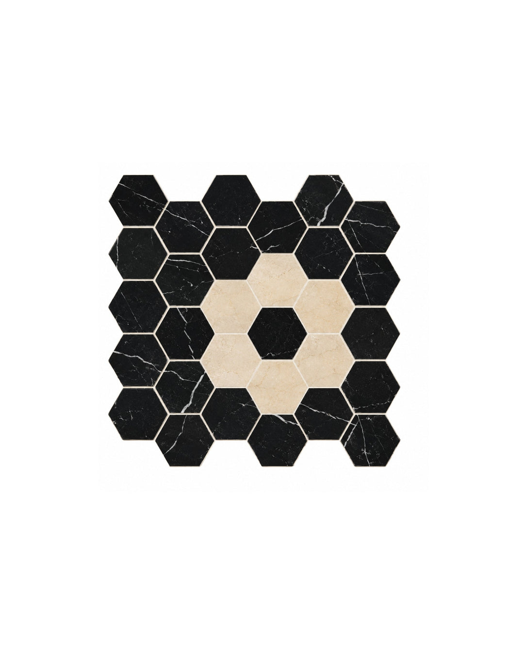 Elite 8 marmormosaik i Nero Marquinha og Crema Marfil – marmorgulv fra Devon&Devon