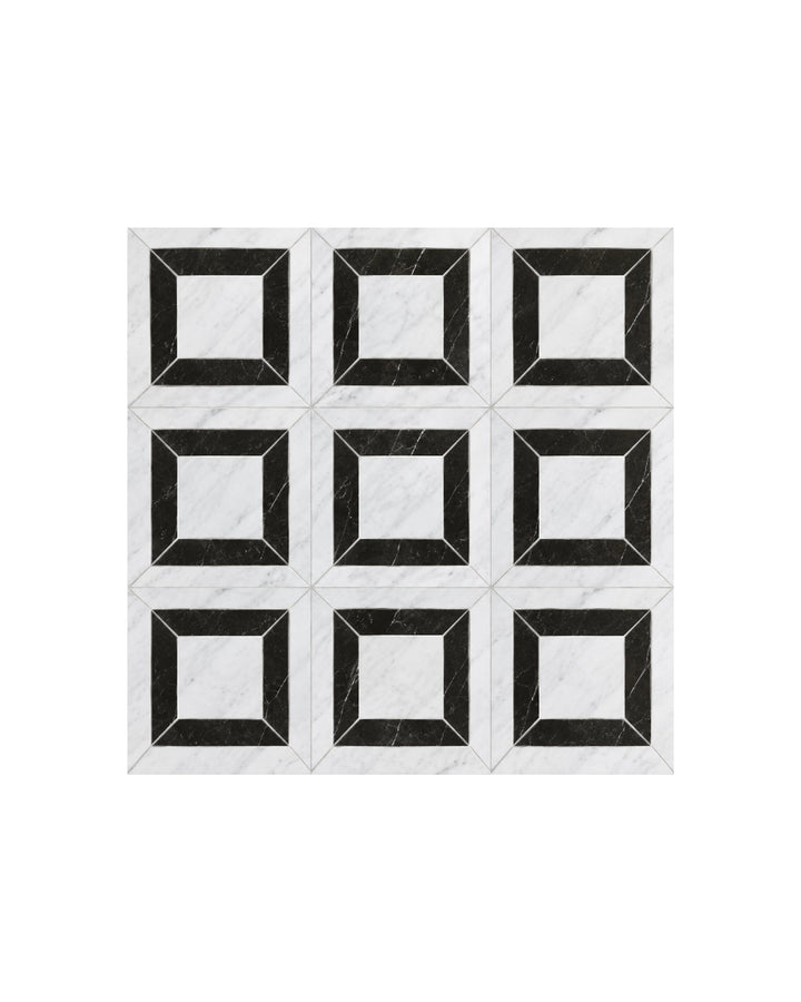 Elite 9 marmormosaik i Bianco Carrara og Nero Marquinha – marmorgulv fra Devon&Devon