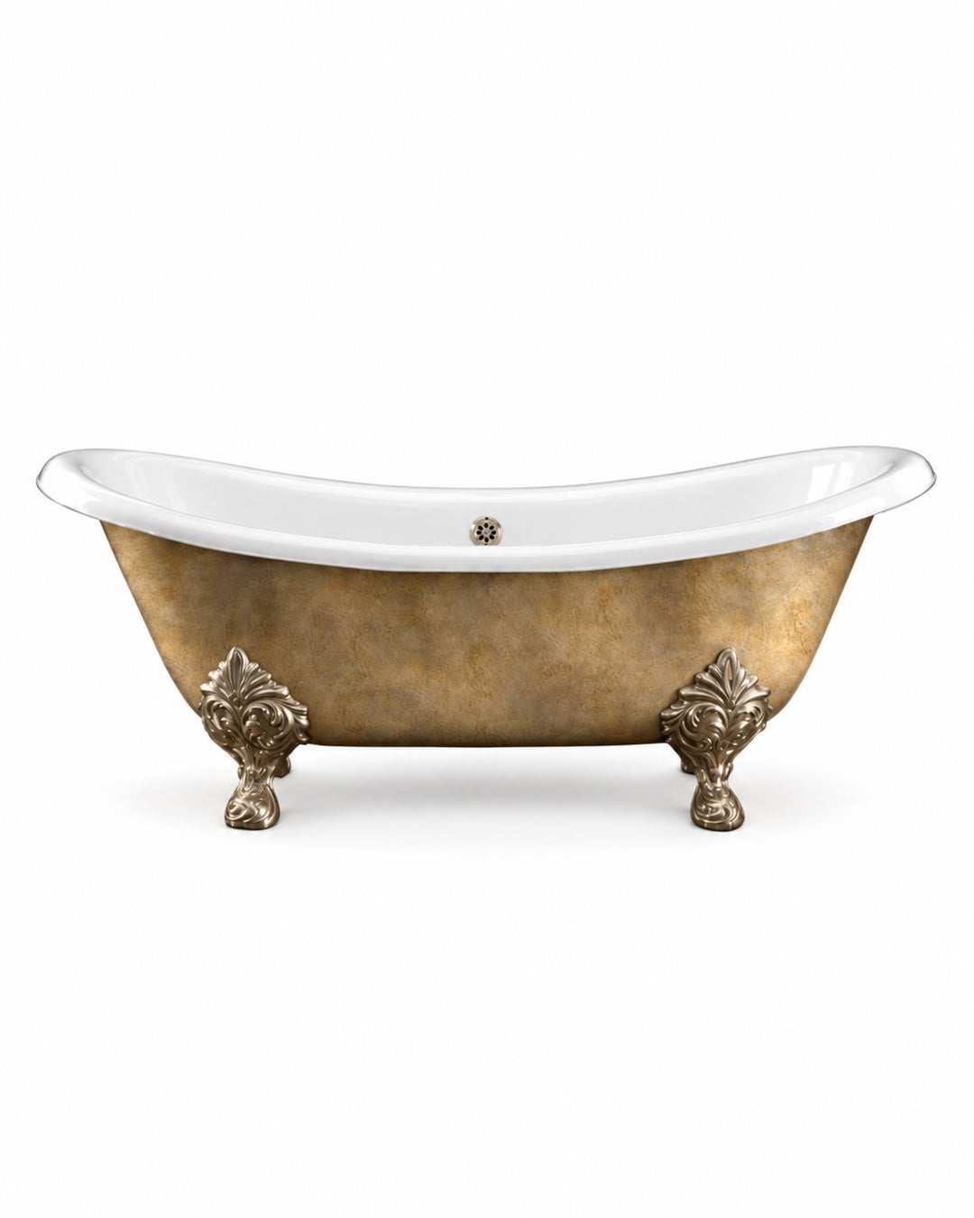 Lamé fritstående badekar i støbejern med Antiqued Aluminium Leaf med dekorative fødder