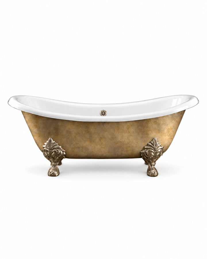 Lamé fritstående badekar i støbejern med Antiqued Aluminium Leaf med dekorative fødder