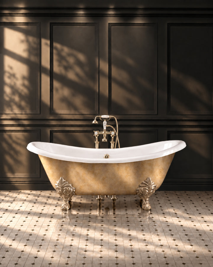 Lamé – fritstående badekar i støbejern med Antiqued Aluminium Leaf fra Devon&Devon