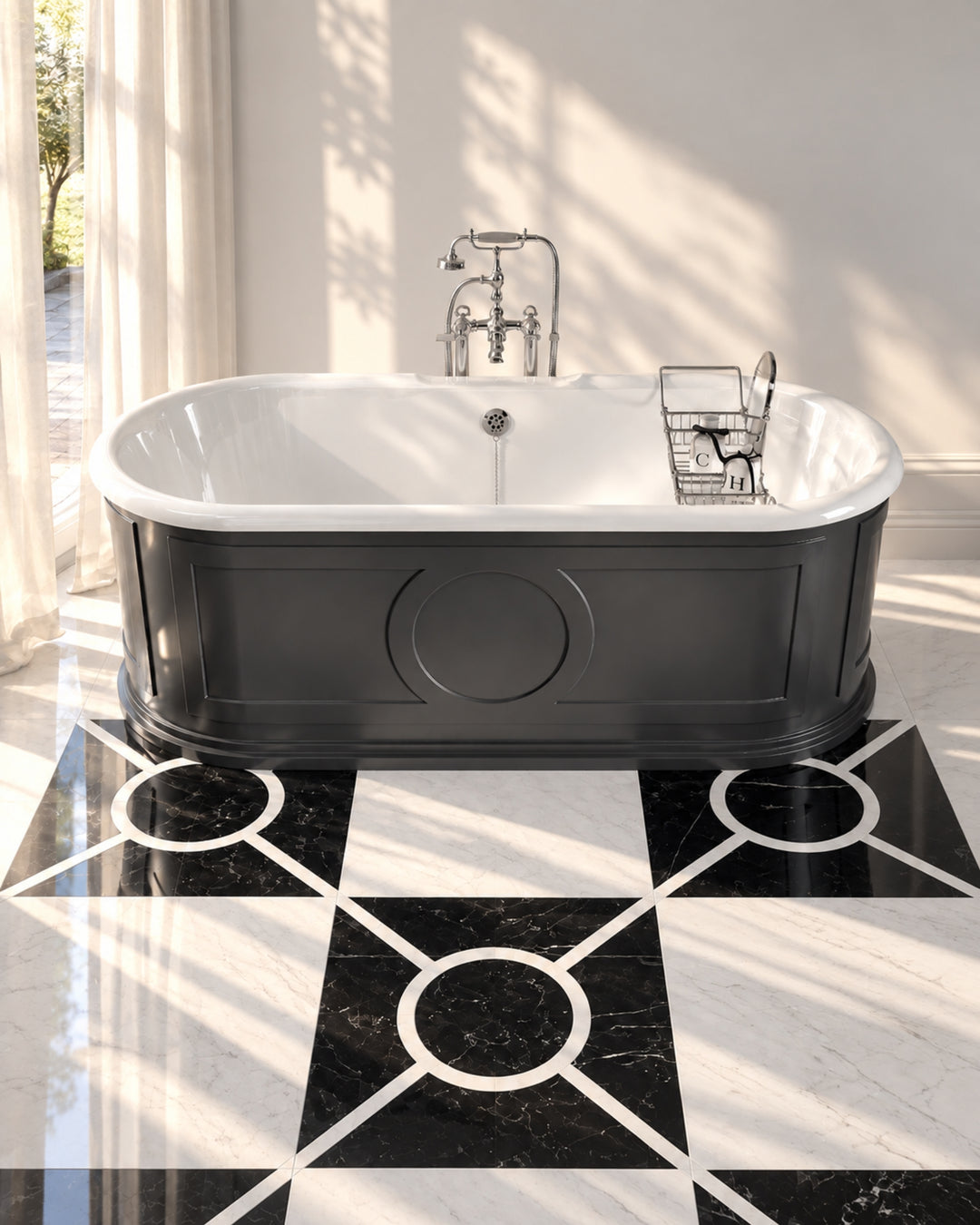 Prestige 4 marmorgulv i Nero Marquinha og Bianco Carrara, 60×60 cm – Devon&Devon