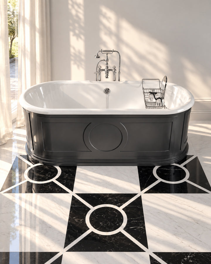 Prestige 4 marmorgulv i Nero Marquinha og Bianco Carrara, 60×60 cm – Devon&Devon