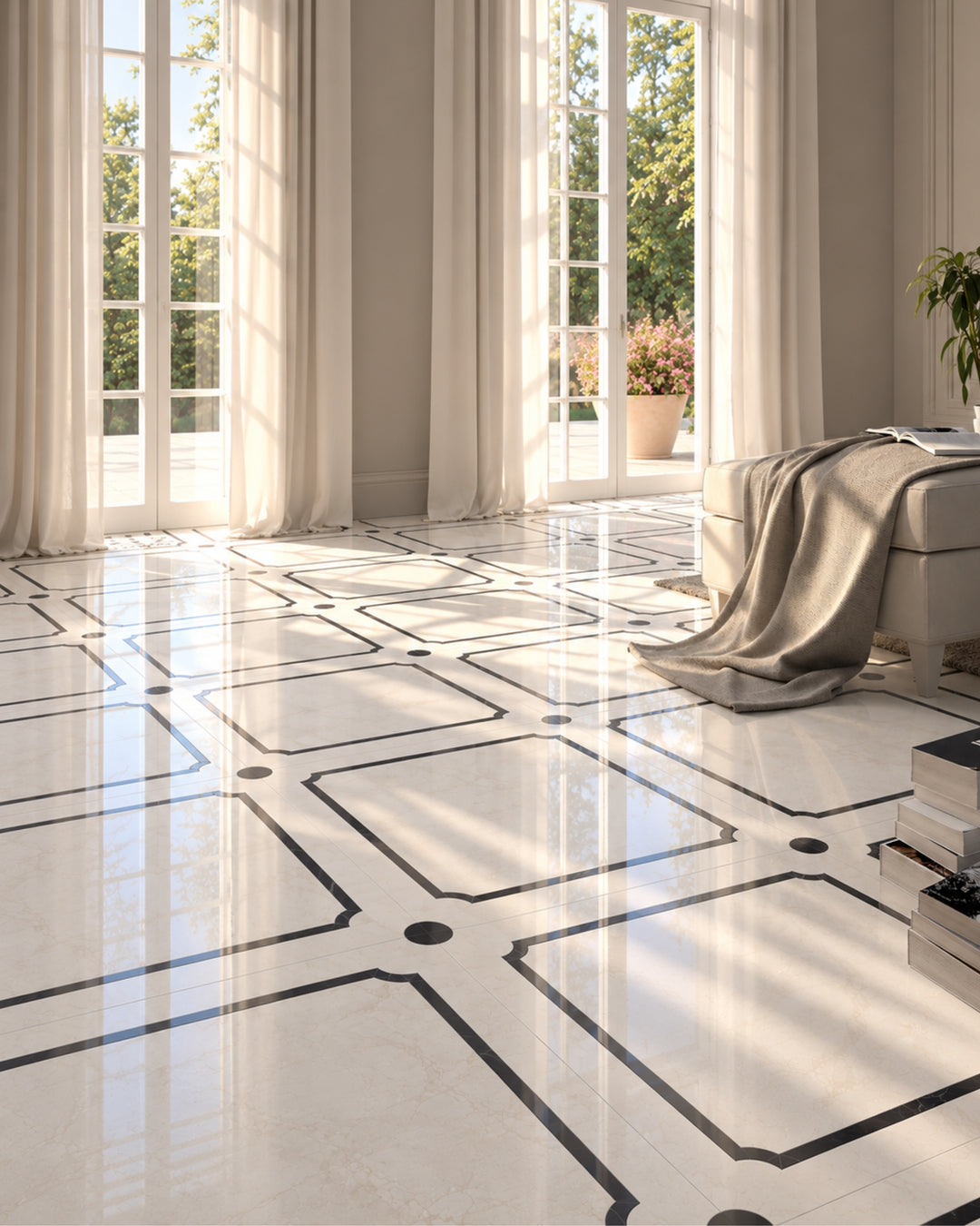 Prestige 5 marmorgulv i Crema Marfil og Nero Marquinha, 60×60 cm – Devon&Devon