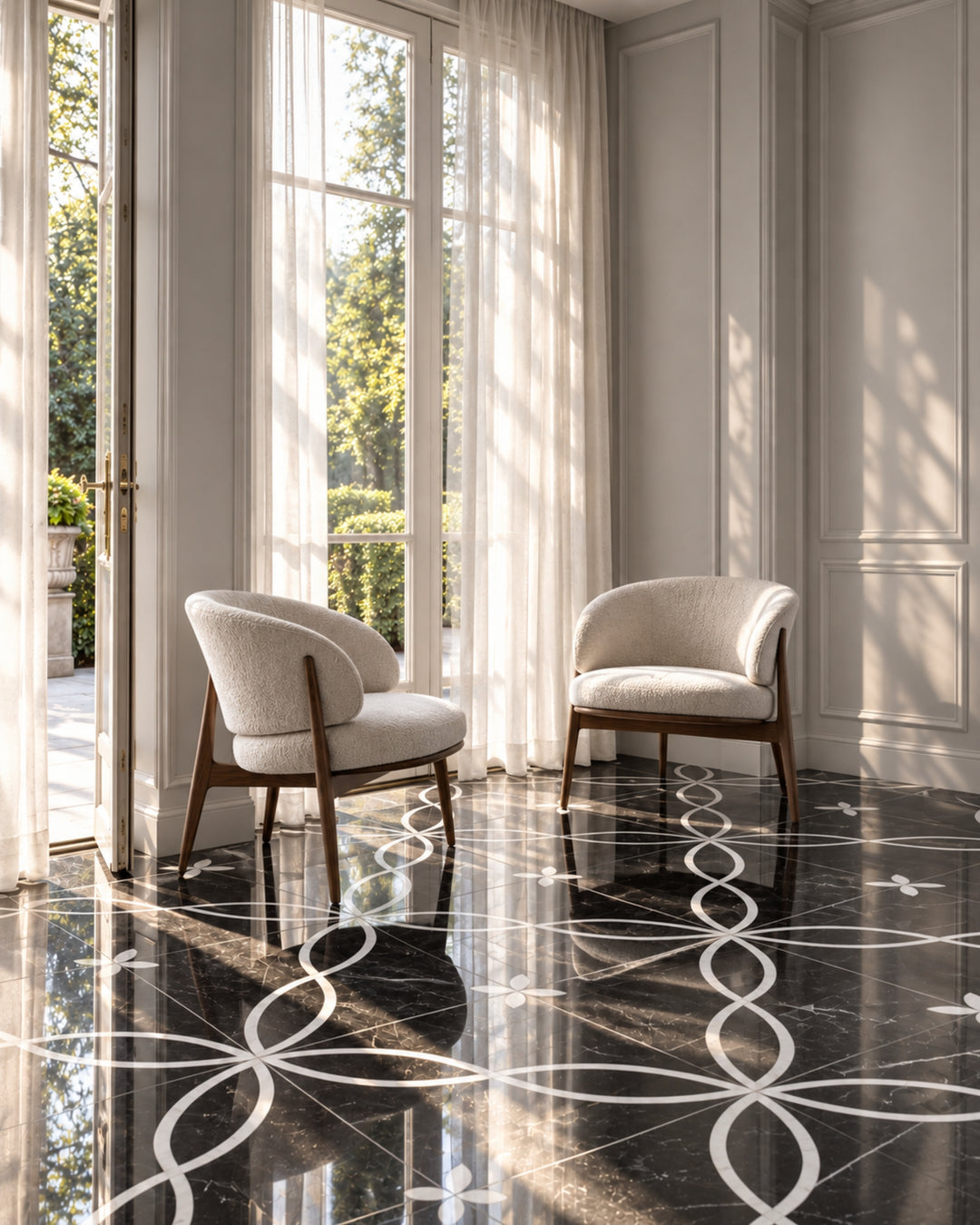 Prestige 8 marmorgulv i Nero Marquinha og Bianco Carrara, 60×60 cm – Devon&Devon