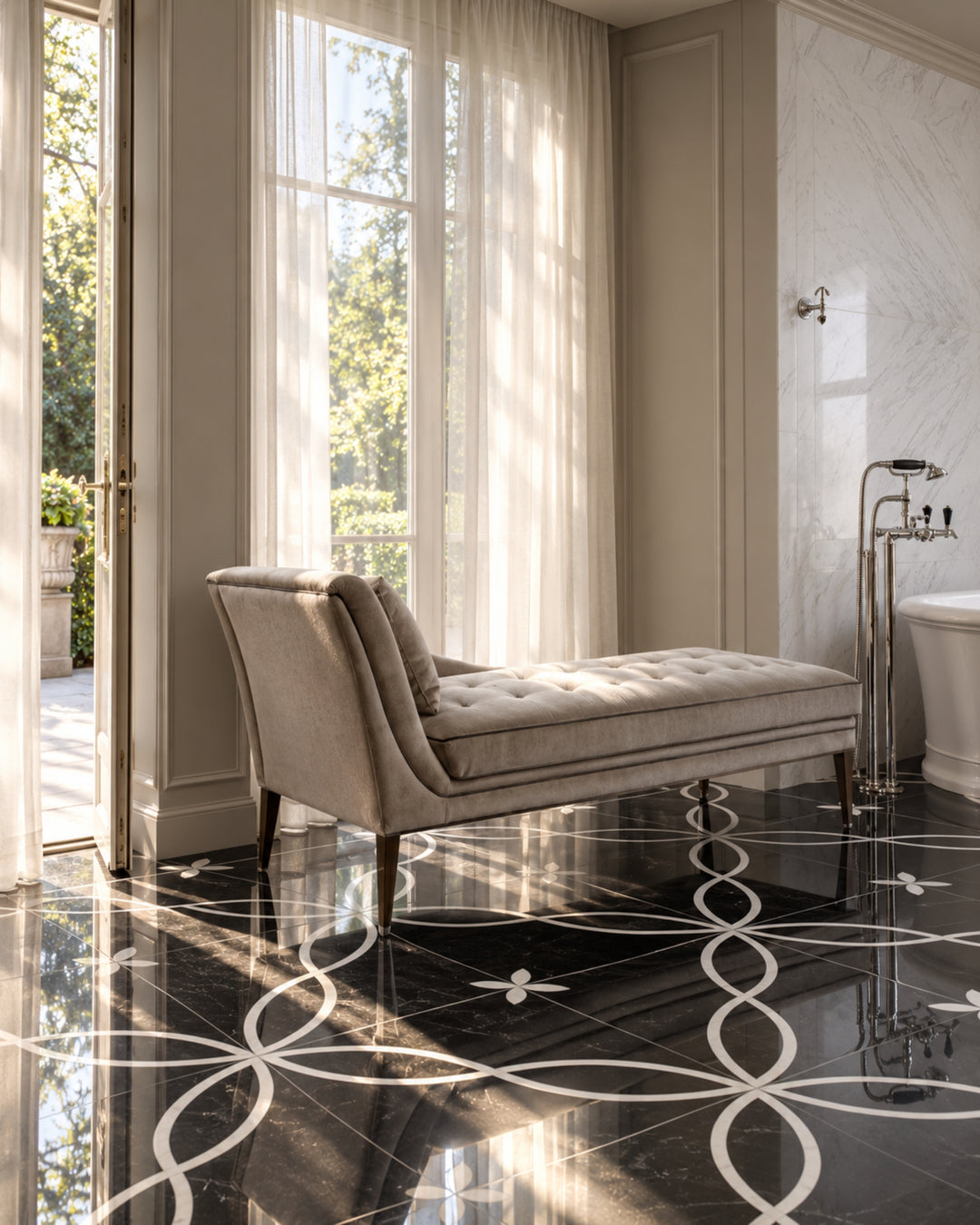 Prestige 8 marmorgulv i Nero Marquinha og Crema Marfil, 60×60 cm – Devon&Devon